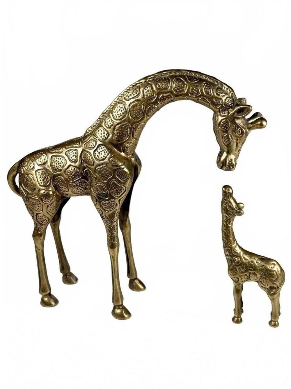 Vintage Brass Giraffe Figurines Set of Mother & Baby Calf Hollywood Regency MCM